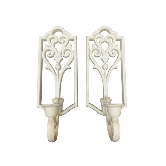 Vintage Homco Ivory Wall Candle Sconces Pair Baroque Scroll Design Plastic 13" - Picture 1 of 6